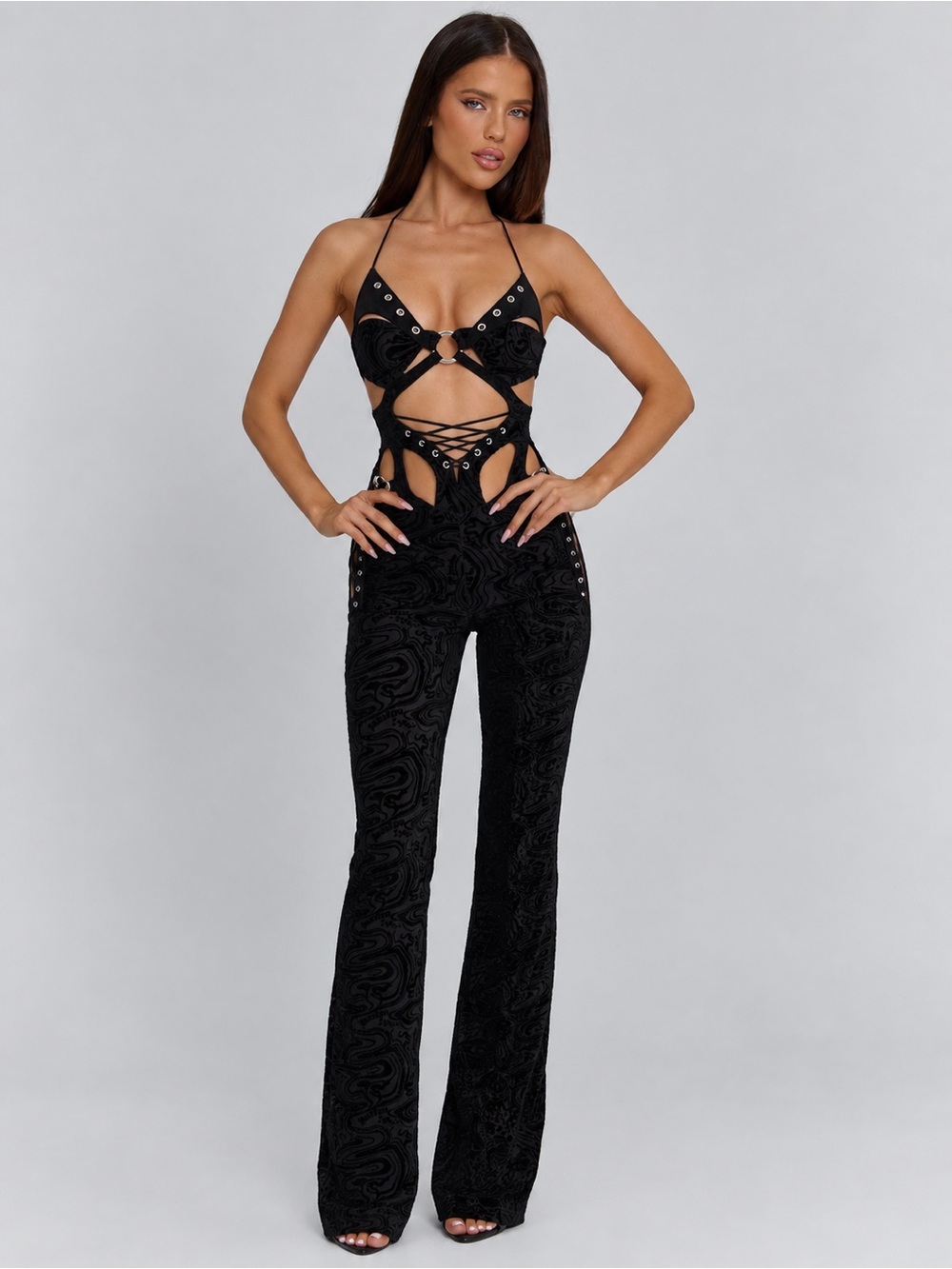 Outcast Black Cutout Lace Up Velvet Jumpsuit with Flared Legs